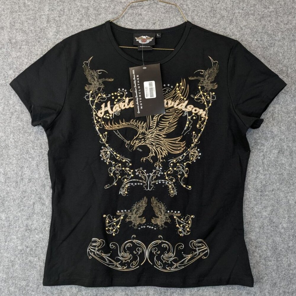 Harley Davidson Metallic Eagle Graphic Womens Tee Shirt Black Gold Embellished L